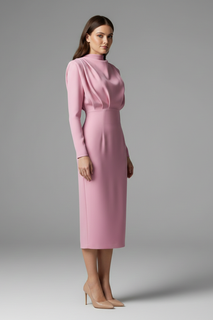 Quiro High-Neck Long Sleeve Dress – Draped Bodice Ankle-Length Skirt
