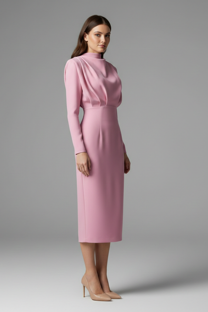 Quiro High-Neck Long Sleeve Dress – Draped Bodice Ankle-Length Skirt