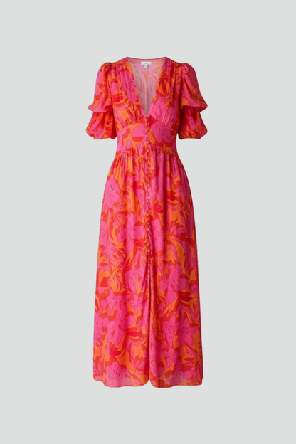 Quiro Printed Maxi Dress with V-Neck & Puff Sleeves – Floor-Length Wide Panels