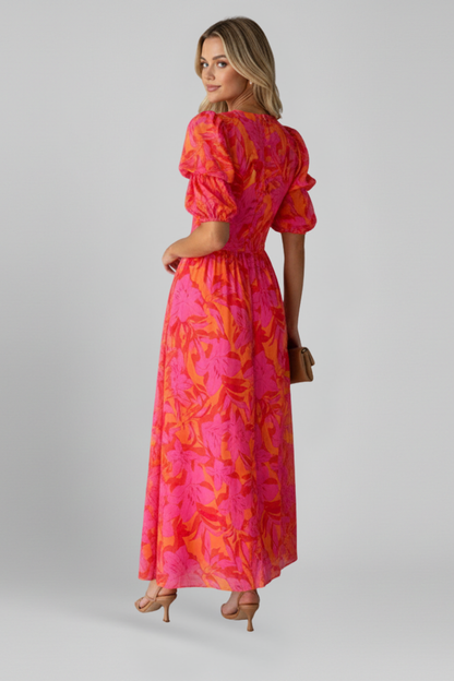 Quiro Printed Maxi Dress with V-Neck & Puff Sleeves – Floor-Length Wide Panels