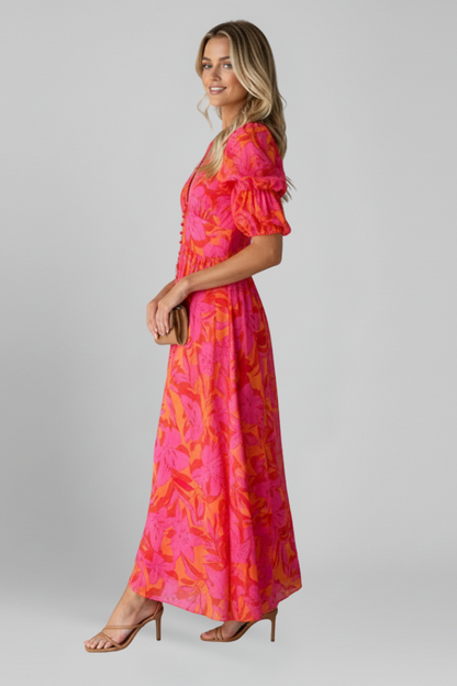 Quiro Printed Maxi Dress with V-Neck & Puff Sleeves – Floor-Length Wide Panels