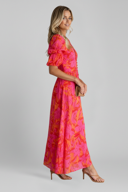 Quiro Printed Maxi Dress with V-Neck & Puff Sleeves – Floor-Length Wide Panels