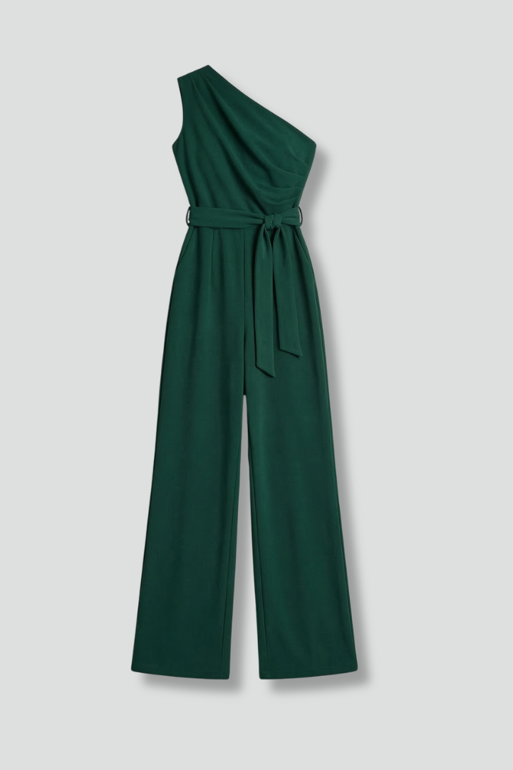 Quiro Asymmetric-Neck Jumpsuit with Waist Belt – Wide-Leg Modern Style