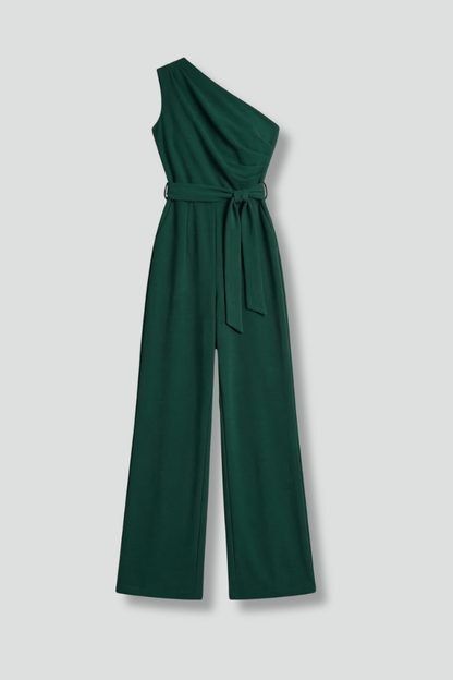 Quiro Asymmetric-Neck Jumpsuit with Waist Belt – Wide-Leg Modern Style