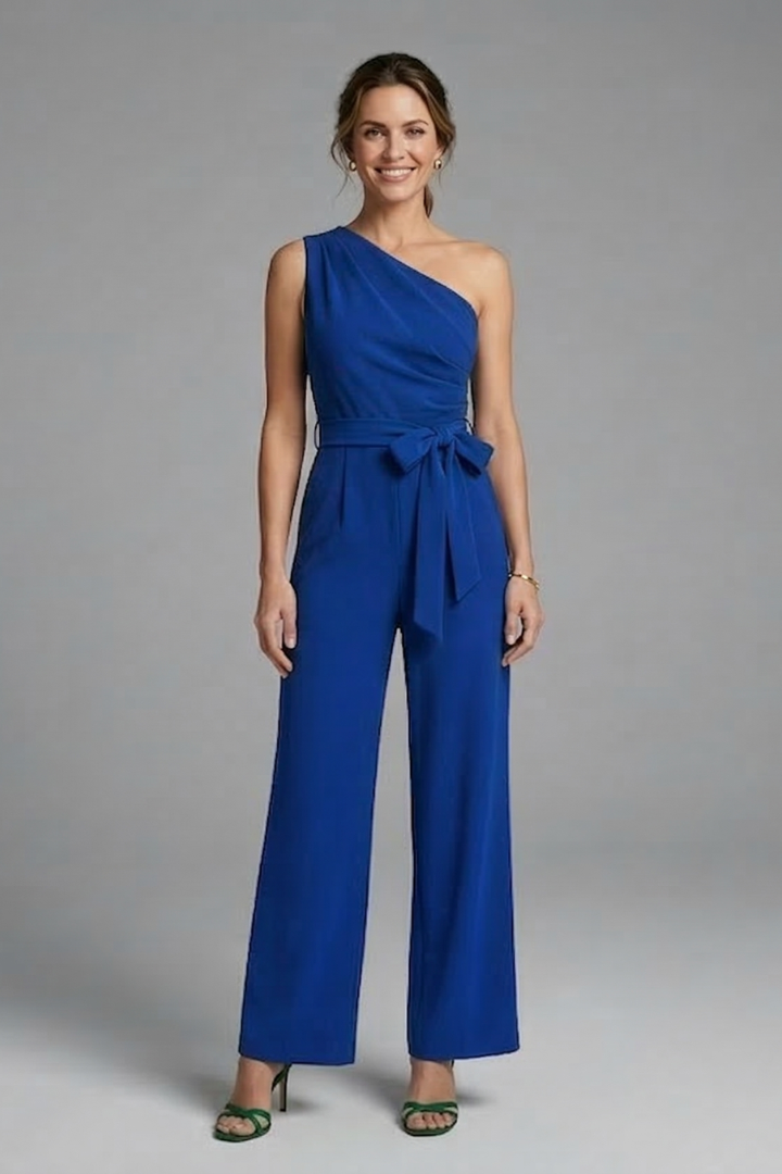 Quiro Asymmetric-Neck Jumpsuit with Waist Belt – Wide-Leg Modern Style