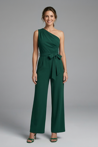 Quiro Asymmetric-Neck Jumpsuit with Waist Belt – Wide-Leg Modern Style