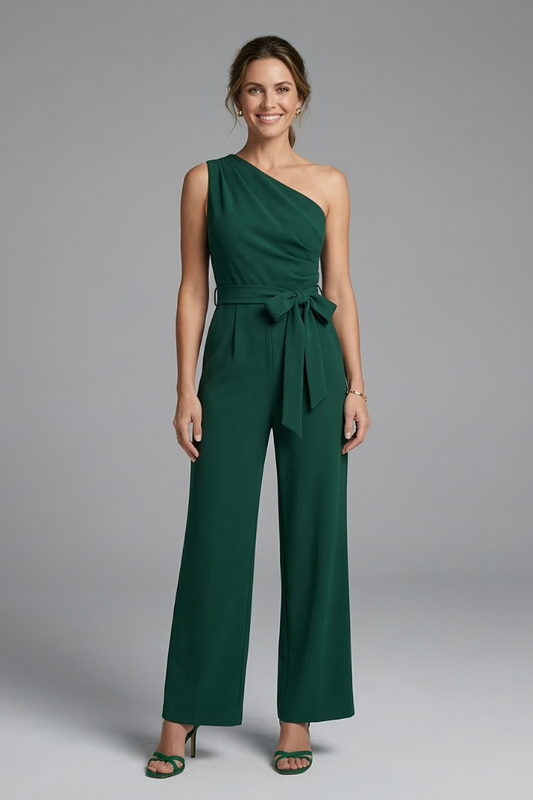 Stylish Women's Jumpsuit with Asymmetric Neckline and Waist Belt