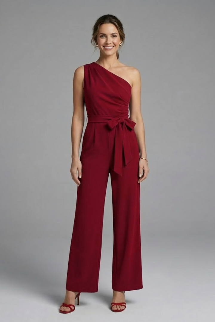 Quiro Asymmetric-Neck Jumpsuit with Waist Belt – Wide-Leg Modern Style