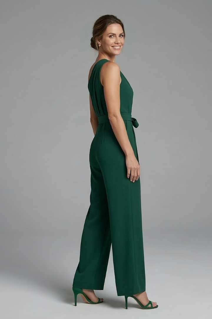 Quiro Asymmetric-Neck Jumpsuit with Waist Belt – Wide-Leg Modern Style