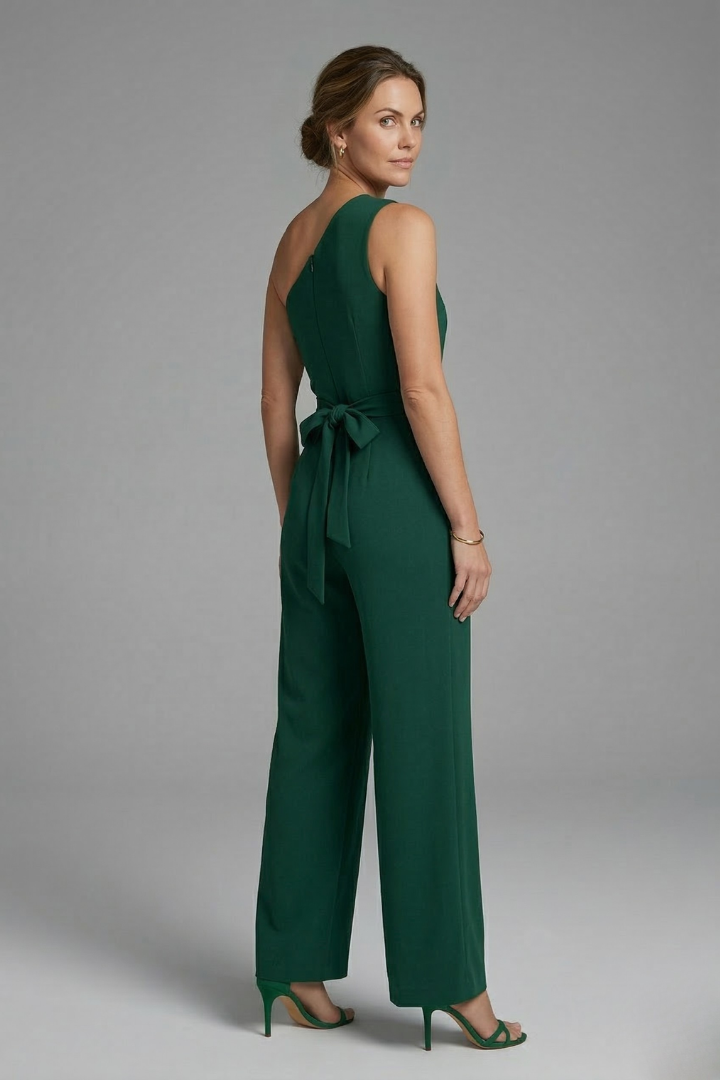Quiro Asymmetric-Neck Jumpsuit with Waist Belt – Wide-Leg Modern Style
