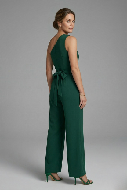 Quiro Asymmetric-Neck Jumpsuit with Waist Belt – Wide-Leg Modern Style
