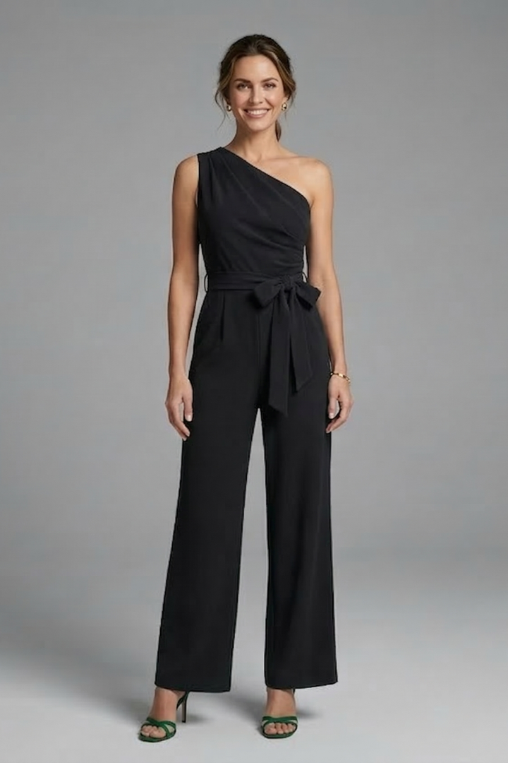 Quiro Asymmetric-Neck Jumpsuit with Waist Belt – Wide-Leg Modern Style