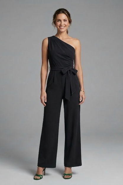 Quiro Asymmetric-Neck Jumpsuit with Waist Belt – Wide-Leg Modern Style
