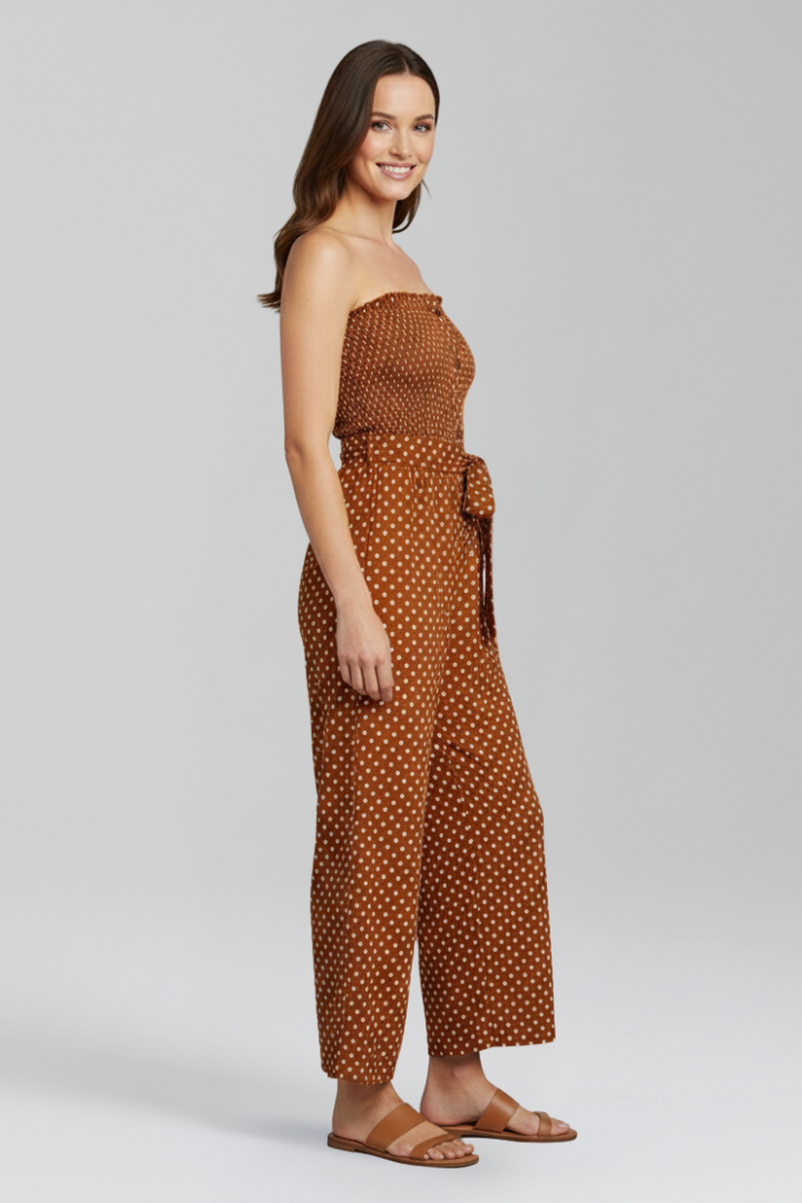Quiro Bandeau-Neck Jumpsuit with Button Front – Chic Wide-Leg Style