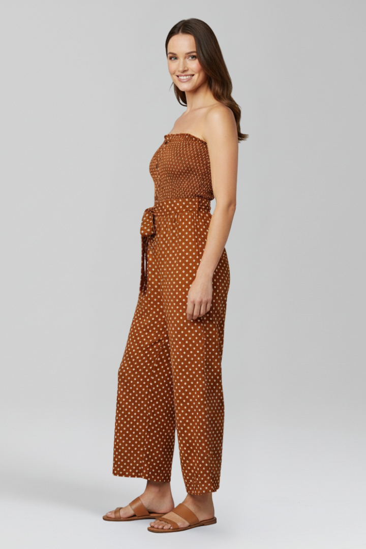 Quiro Bandeau-Neck Jumpsuit with Button Front – Chic Wide-Leg Style