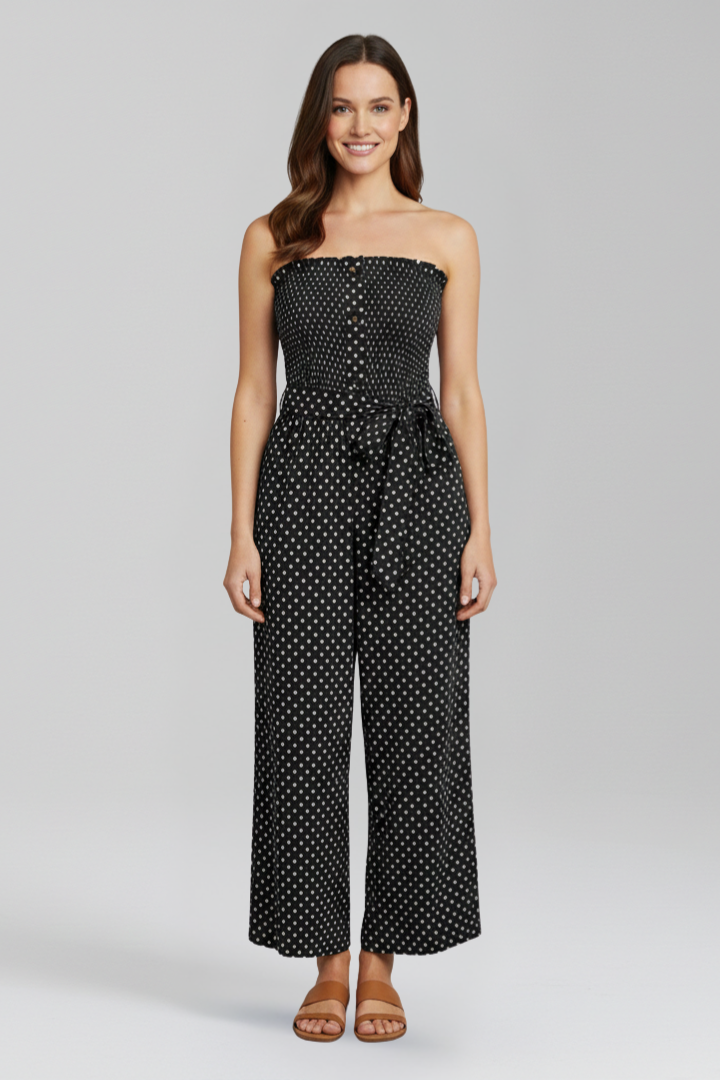 Quiro Bandeau-Neck Jumpsuit with Button Front – Chic Wide-Leg Style