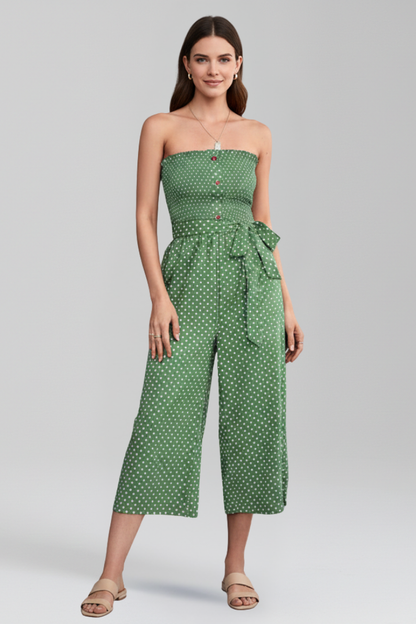 Quiro Bandeau-Neck Jumpsuit with Button Front – Chic Wide-Leg Style