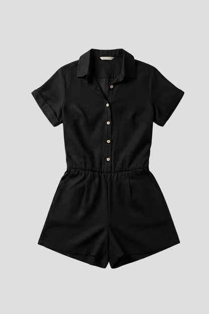 Chic Women's Button-Front Jumpsuit with Short-Leg Silhouette