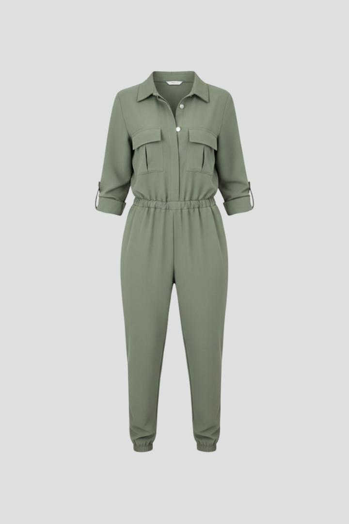 Chic Women's Jumpsuit with Button-Front Placket and Elasticated Waist