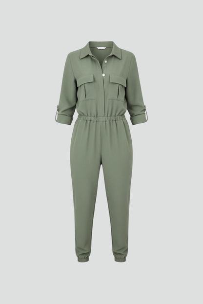 Chic Women's Jumpsuit with Button-Front Placket and Elasticated Waist