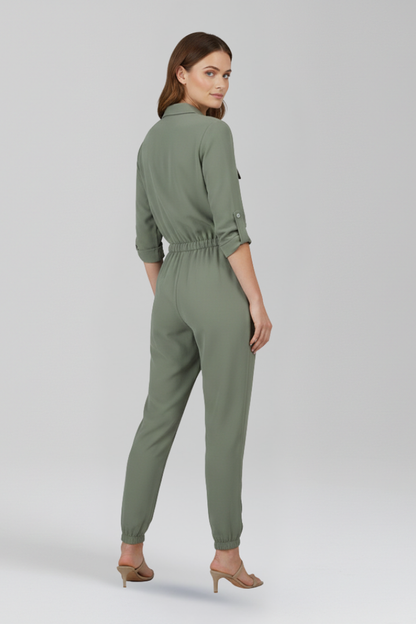 Chic Women's Jumpsuit with Button-Front Placket and Elasticated Waist
