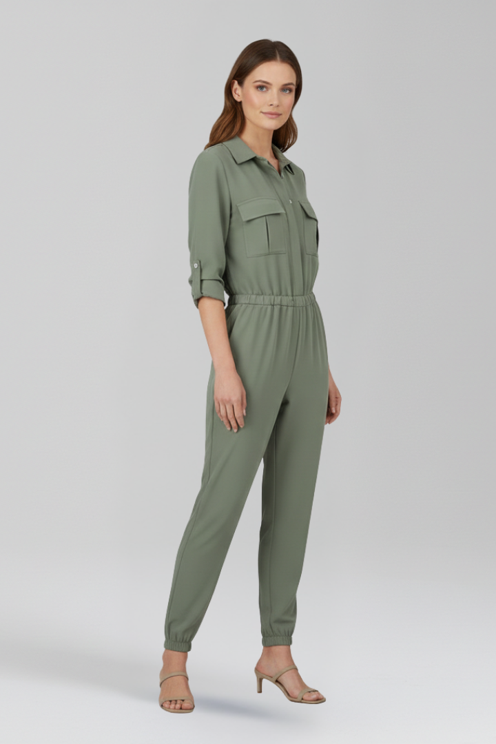 Chic Women's Jumpsuit with Button-Front Placket and Elasticated Waist