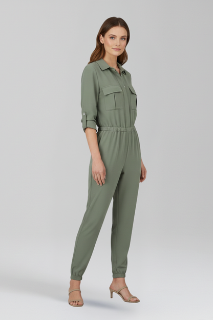 Chic Women's Jumpsuit with Button-Front Placket and Elasticated Waist