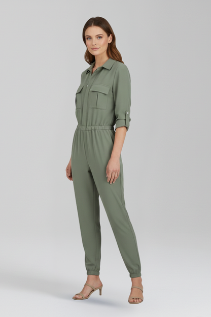 Chic Women's Jumpsuit with Button-Front Placket and Elasticated Waist