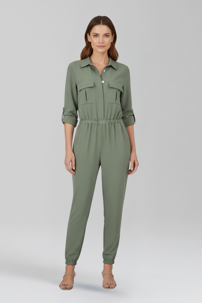 Chic Women's Jumpsuit with Button-Front Placket and Elasticated Waist