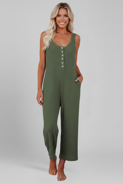 Quiro Button-Front Jumpsuit with Pockets – Sleek V-Neck Everyday Style