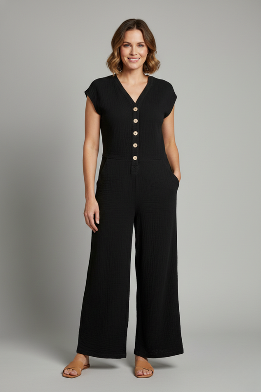 Chic Women's Button-Front Jumpsuit with Wide-Leg Silhouette