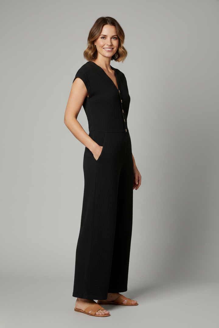 Chic Women's Button-Front Jumpsuit with Wide-Leg Silhouette
