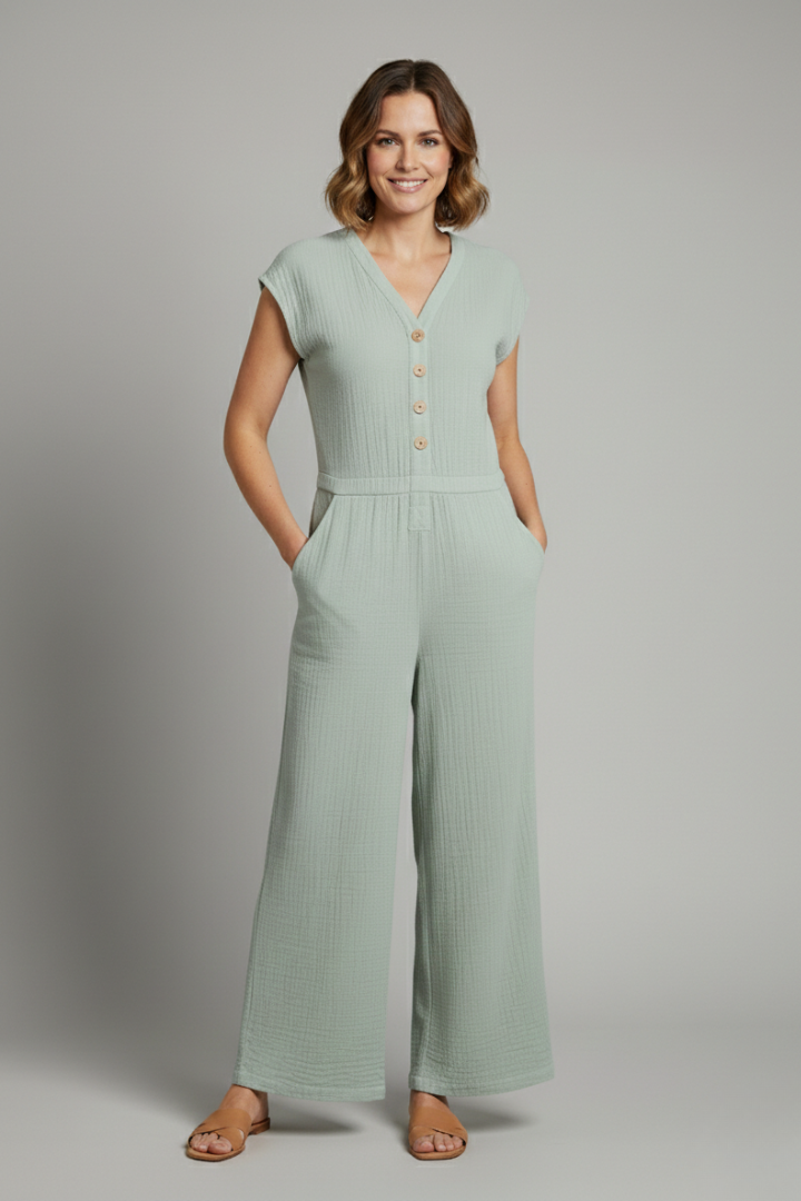 Chic Women's Button-Front Jumpsuit with Wide-Leg Silhouette