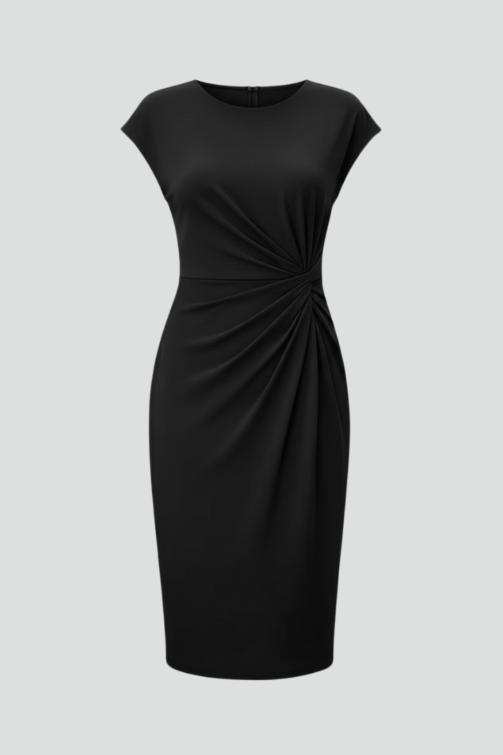 Quiro Knee-Length Dress with Round Neck & Ruched Waist – Cap Sleeve Fitted Silhouette