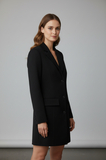 Quiro Longline Blazer with Notched Lapel – Polished Button-Front Style