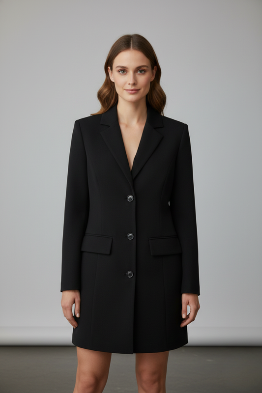 Women’s Longline Blazer with Notched Lapel and Front Button Closure