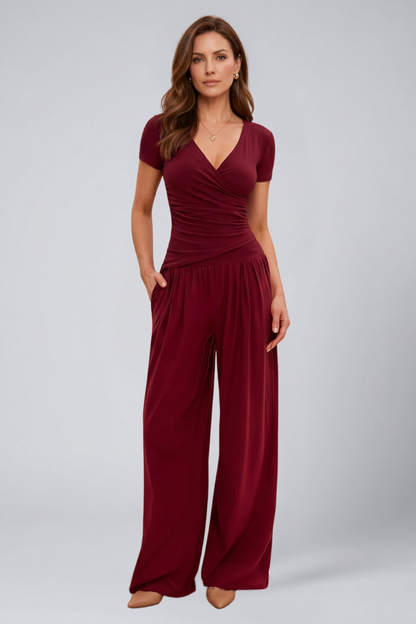 Quiro Wrap-Top Lounge Set – Wide-Leg Pants for All-Day Comfort