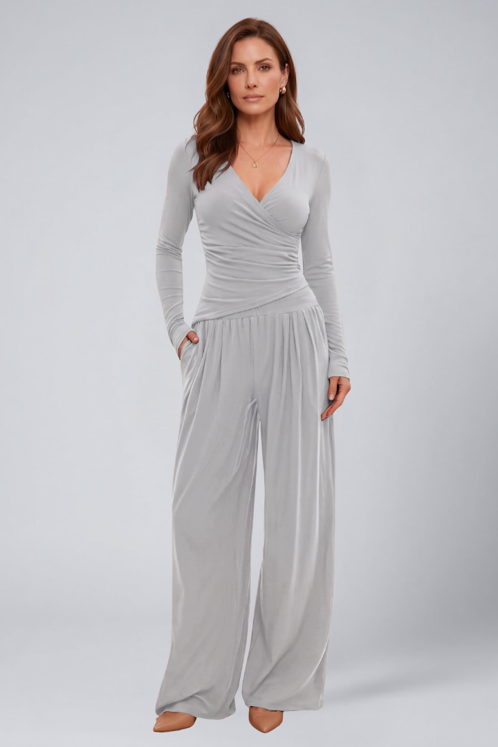 Quiro Wrap-Top Lounge Set – Wide-Leg Pants for All-Day Comfort