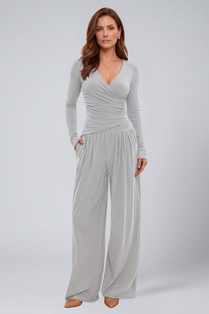 Quiro Wrap-Top Lounge Set – Wide-Leg Pants for All-Day Comfort