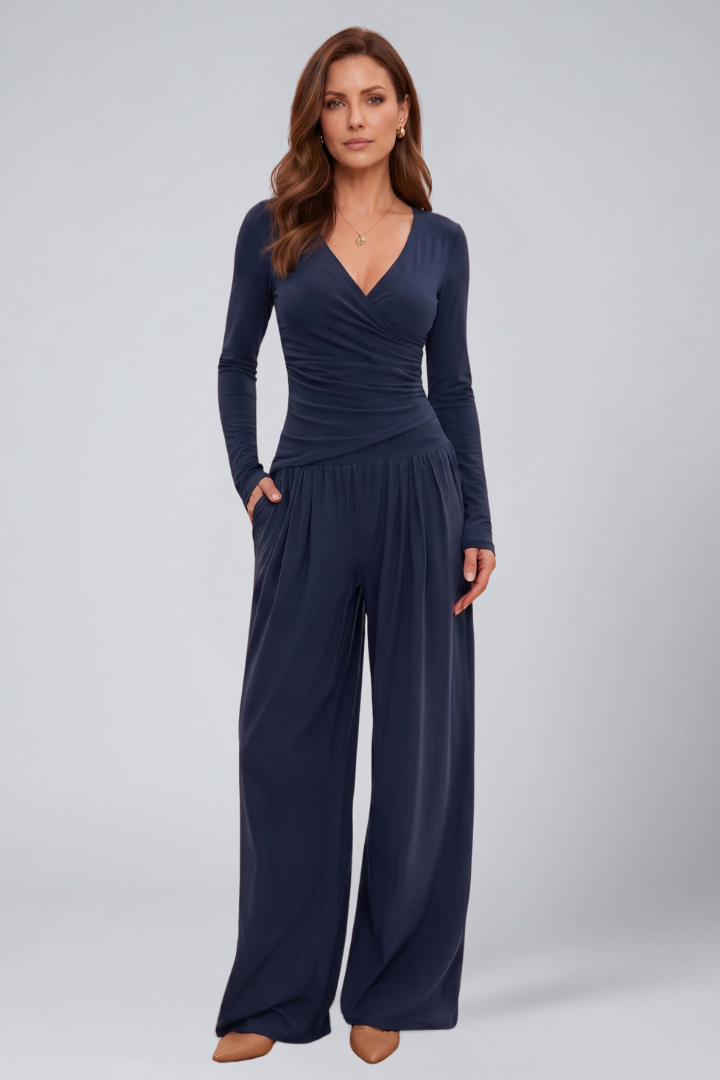 Quiro Wrap-Top Lounge Set – Wide-Leg Pants for All-Day Comfort