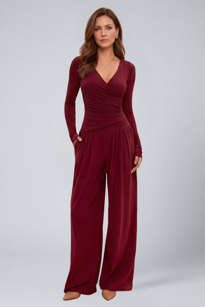 Quiro Wrap-Top Lounge Set – Wide-Leg Pants for All-Day Comfort