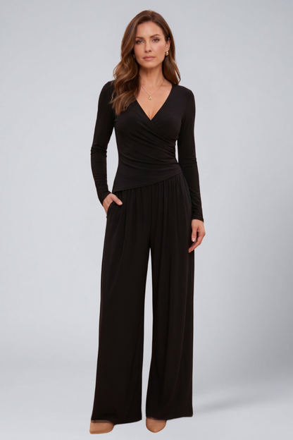 Quiro Wrap-Top Lounge Set – Wide-Leg Pants for All-Day Comfort