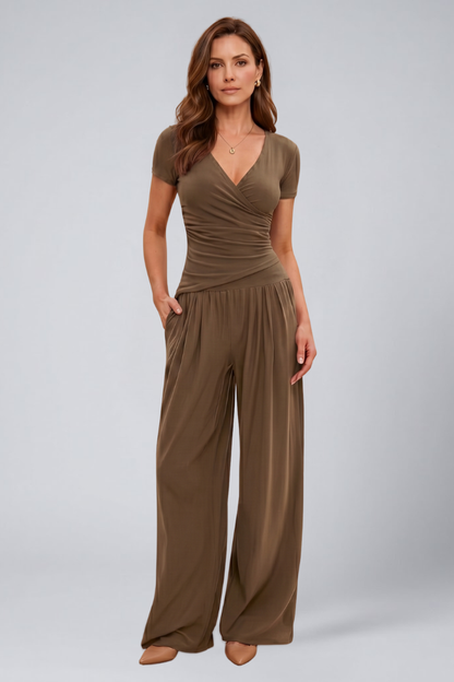 Quiro Wrap-Top Lounge Set – Wide-Leg Pants for All-Day Comfort