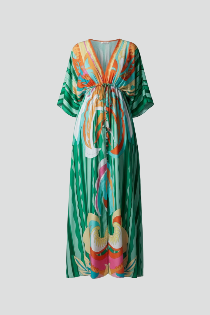 Quiro Printed Maxi Dress with V-Neck & Tie Waist – Batwing Sleeve Loose Fit