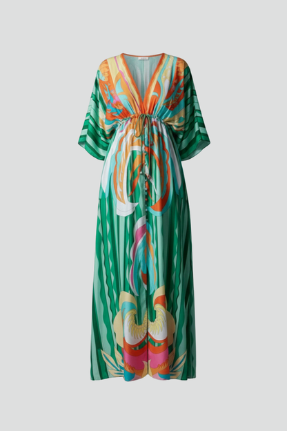 Quiro Printed Maxi Dress with V-Neck & Tie Waist – Batwing Sleeve Loose Fit