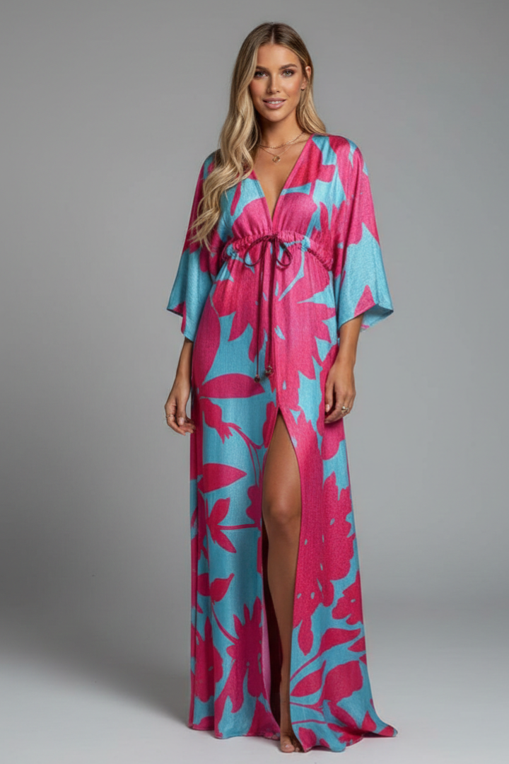 Quiro Printed Maxi Dress with V-Neck & Tie Waist – Batwing Sleeve Loose Fit