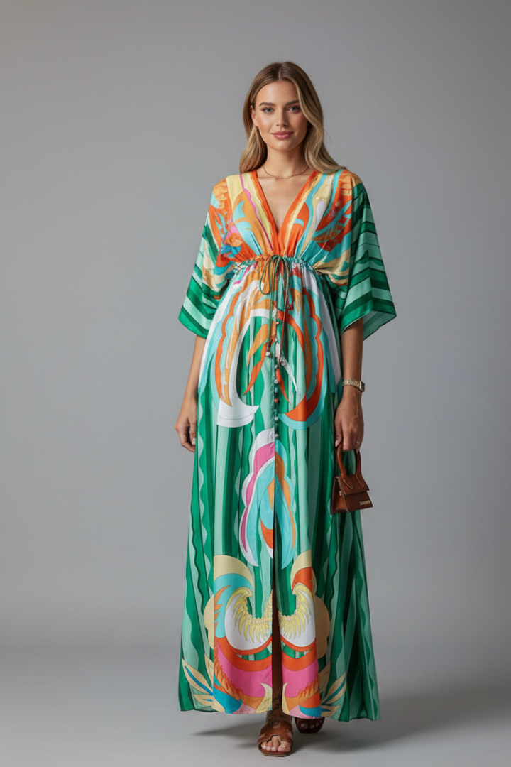 Quiro Printed Maxi Dress with V-Neck & Tie Waist – Batwing Sleeve Loose Fit
