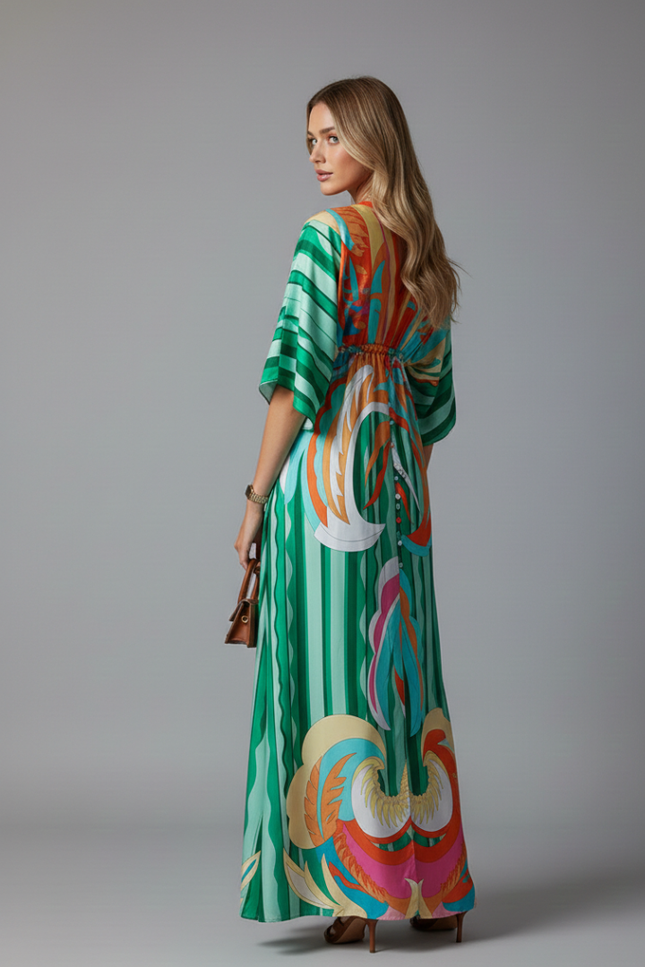 Quiro Printed Maxi Dress with V-Neck & Tie Waist – Batwing Sleeve Loose Fit