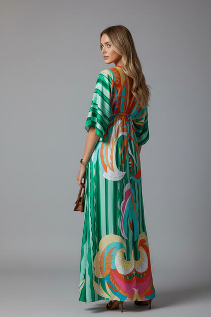 Quiro Printed Maxi Dress with V-Neck & Tie Waist – Batwing Sleeve Loose Fit