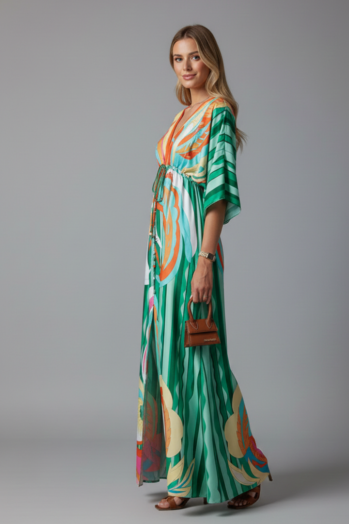 Quiro Printed Maxi Dress with V-Neck & Tie Waist – Batwing Sleeve Loose Fit